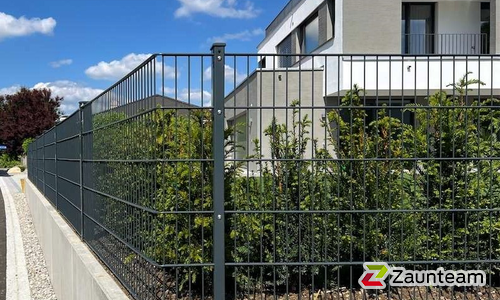 Doppelstabmatten leicht vorverzinkt und anthrazit beschichtet mit Pfosten 60 x 40 mit Abdeckleisten einbetoniert wurde in Dübendorf von Zaunteam Zürich Oberland, Gutenswil im Jahr 2024 erstellt.