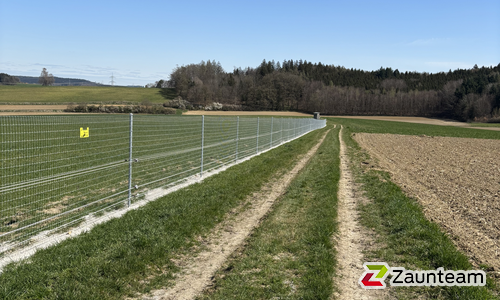 Knotengitter Torus, engmaschig mit Rohrpfosten verzinkt einbetoniert wurde in Rehling von Zaunteam Schwaben-Nord, Todtenweis im Jahr 2025 erstellt.
