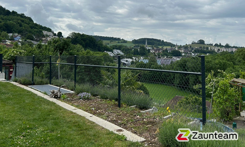 Diagonalgeflecht anthrazit mit Rohrpfosten anthrazit einbetoniert wurde in Gebenstorf von Zaunteam Aargau, Egliswil im Jahr 2025 erstellt.