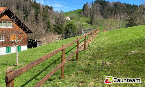 Halbrundlattenzaun mit Tannenpfosten zylindrisch wurde in Eggersriet von Zaunteam Appenzellerland, Wasserauen im Jahr 2024 erstellt.
