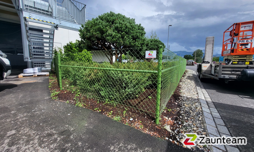 Diagonalgeflecht grün mit Rohrpfosten grün einbetoniert wurde in Rebstein von Zaunteam Rheintal, Widnau im Jahr 2024 erstellt.