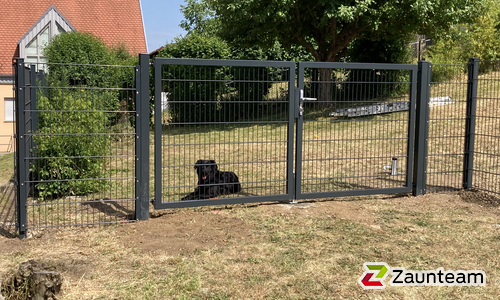 Doppelstabmatten schwer feuerverzinkt und anthrazit beschichtet mit Pfosten 60 x 40 mit Abdeckleisten einbetoniert wurde in Algertshausen von Zaunteam Schwaben-Nord, Todtenweis im Jahr 2023 erstellt.