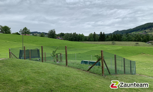 Diagonalgeflecht grün mit Lärchenkantpfosten braun wurde in Heiden von Zaunteam Appenzellerland, Wasserauen im Jahr 2019 erstellt.