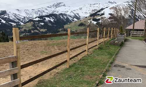 Halbrundlattenzaun mit Robinienpfosten roh wurde in Achseten von Zaunteam Berner Oberland, Ringgenberg im Jahr 2018 erstellt.