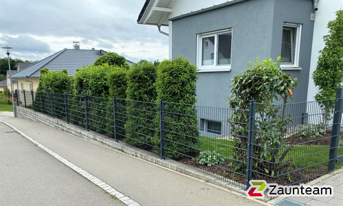 Doppelstabmatten schwer feuerverzinkt und anthrazit beschichtet mit Pfosten 60 x 40 mit Abdeckleistenmit Fussplatte wurde in Untermarchtal von Zaunteam Oberschwaben, Obermarchtal im Jahr 2021 erstellt.
