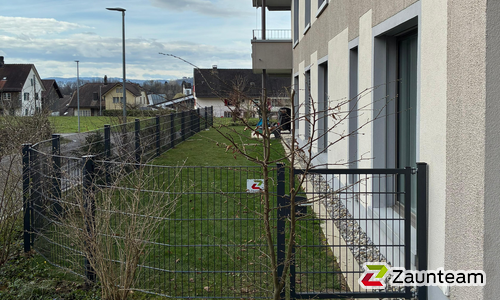 Doppelstabmatten leicht vorverzinkt und anthrazit beschichtet mit Pfosten 60 x 40 mit Abdeckleisten einbetoniert wurde in Möriken von Zaunteam Aargau, Egliswil im Jahr 2026 erstellt.