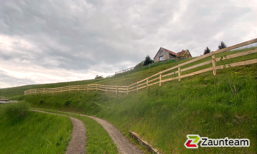 Ranchzaun (ungesäumte Bretter) mit Robinienpfosten wurde in Walzenhausen von Zaunteam Appenzellerland, Wasserauen im Jahr 2025 erstellt.