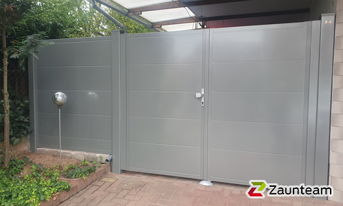 Aluminium Sichtschutztor 2-flüglig wurde in Bürgstadt  von Zaunteam Westfranken, Eichenbühl im Jahr 2025 erstellt.