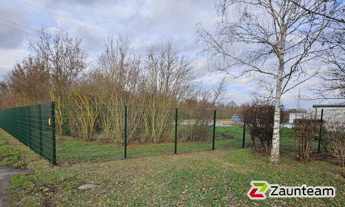 Doppelstabmatten schwer vorverzinkt und grün beschichtet mit Pfosten 60 x 40 mit Abdeckleisten einbetoniert wurde in Ingelheim von Zaunteam Hunsrück-Nahe, Bad Kreuznach im Jahr 2023 erstellt.