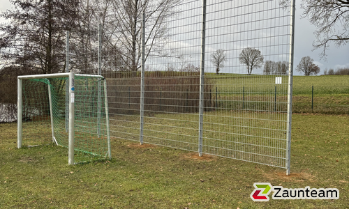 Ballfang Doppelstab mit Pfosten verzinkt und Abdeckleisten wurde in Aichach von Zaunteam Schwaben-Nord, Todtenweis im Jahr 2024 erstellt.
