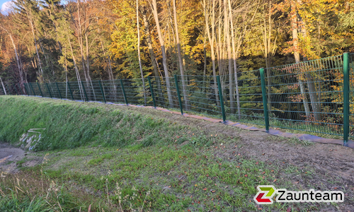 Doppelstabmatten schwer vorverzinkt und grün beschichtet mit Pfosten 60 x 40 mit Abdeckleisten einbetoniert wurde in Baumgartenberg von Zaunteam Unteres-Mühlviertel, Bad Zell im Jahr 2025 erstellt.