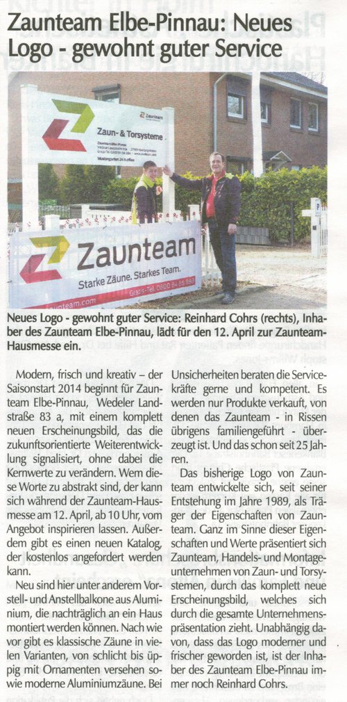 Zaunteam Elbe-Pinnau Pressetext zum Markenwechsel März 2014