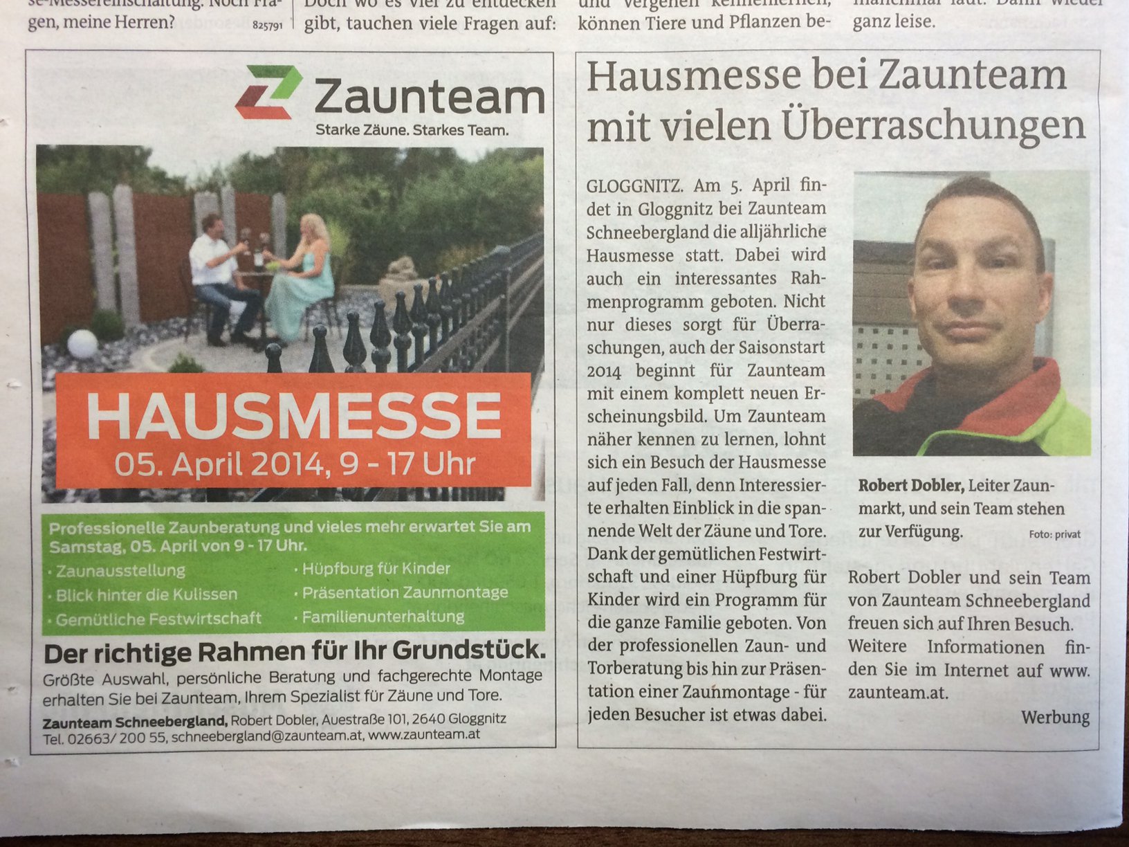 Bezirksblätter Neunkirchen 26. März, 2. April Zaunteam Schneebergland Hausmesse.JPG
