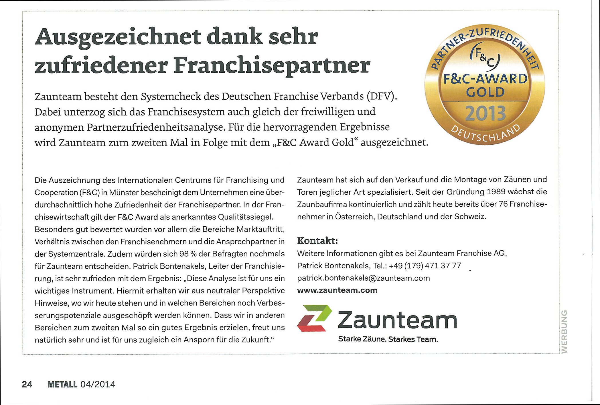 Metall Fachmagazin - Zaunteam besteht den Systemcheck des DFV April 2014