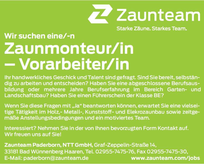 Zaunteam Paderborn Stellenanzeige Zaunmonteur Vorarbeiter 100 x75.JPG