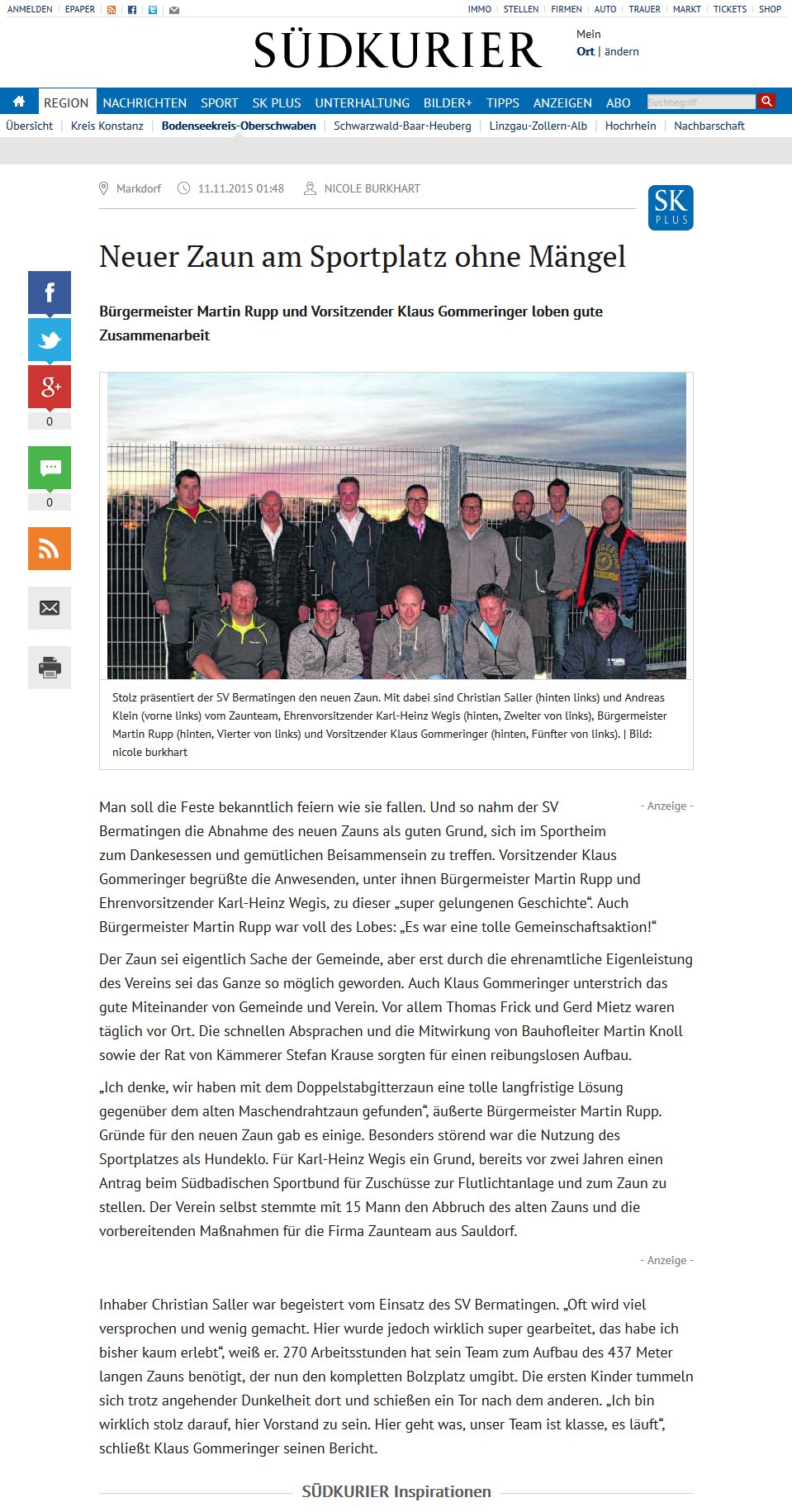 Zaunteam Sigmaringen-Tuttlingen - Pressebericht - Südkurier Neuer Zaun am Sportplatz ohne Mängel
