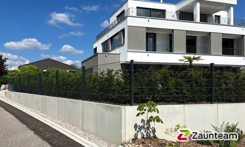 Doppelstabmatten leicht vorverzinkt und anthrazit beschichtet mit Pfosten 60 x 40 mit Abdeckleisten einbetoniert wurde in Dübendorf von Zaunteam Zürich Oberland, Gutenswil im Jahr 2024 erstellt.