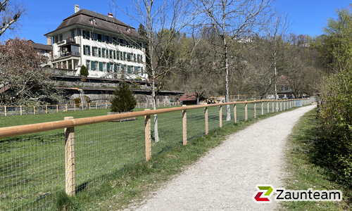 Halbrundlattenzaun mit Knotengitter Torus mit Robinienpfosten wurde in Zollikofen von Zaunteam Spahni, Laupen BE im Jahr 2026 erstellt.