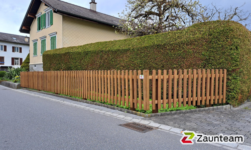 Staketen Holz vor die Pfosten / Lärchenkantpfosten braun eingerammt wurde in Buchs von Zaunteam Werdenberg, Werdenberg im Jahr 2026 erstellt.