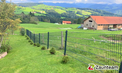 Doppelstabmatten schwer feuerverzinkt und anthrazit beschichtet mit Pfosten 60 x 40 mit Bügel einbetoniert wurde in Oberreute von Zaunteam Allgäu, Bad Hindelang - Unterjoch im Jahr 2022 erstellt.